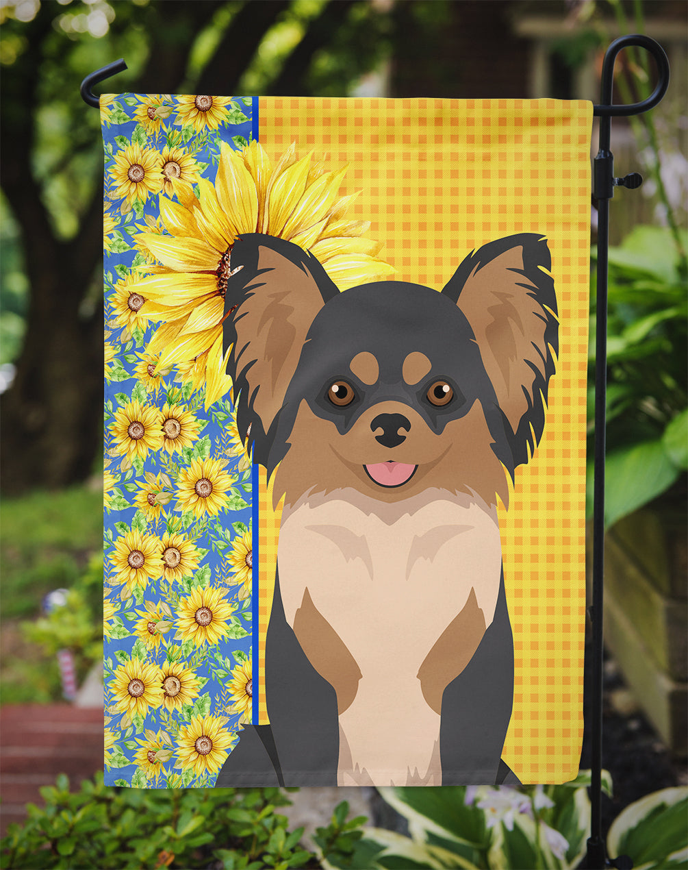 Summer Sunflowers Longhaired Black and Tan Chihuahua Flag Garden Size