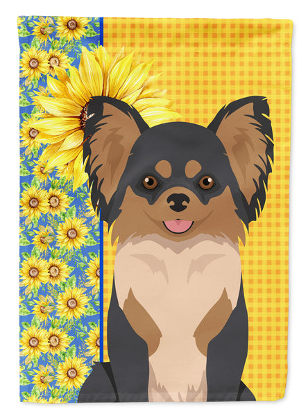 Summer Sunflowers Longhaired Black and Tan Chihuahua Flag Garden Size