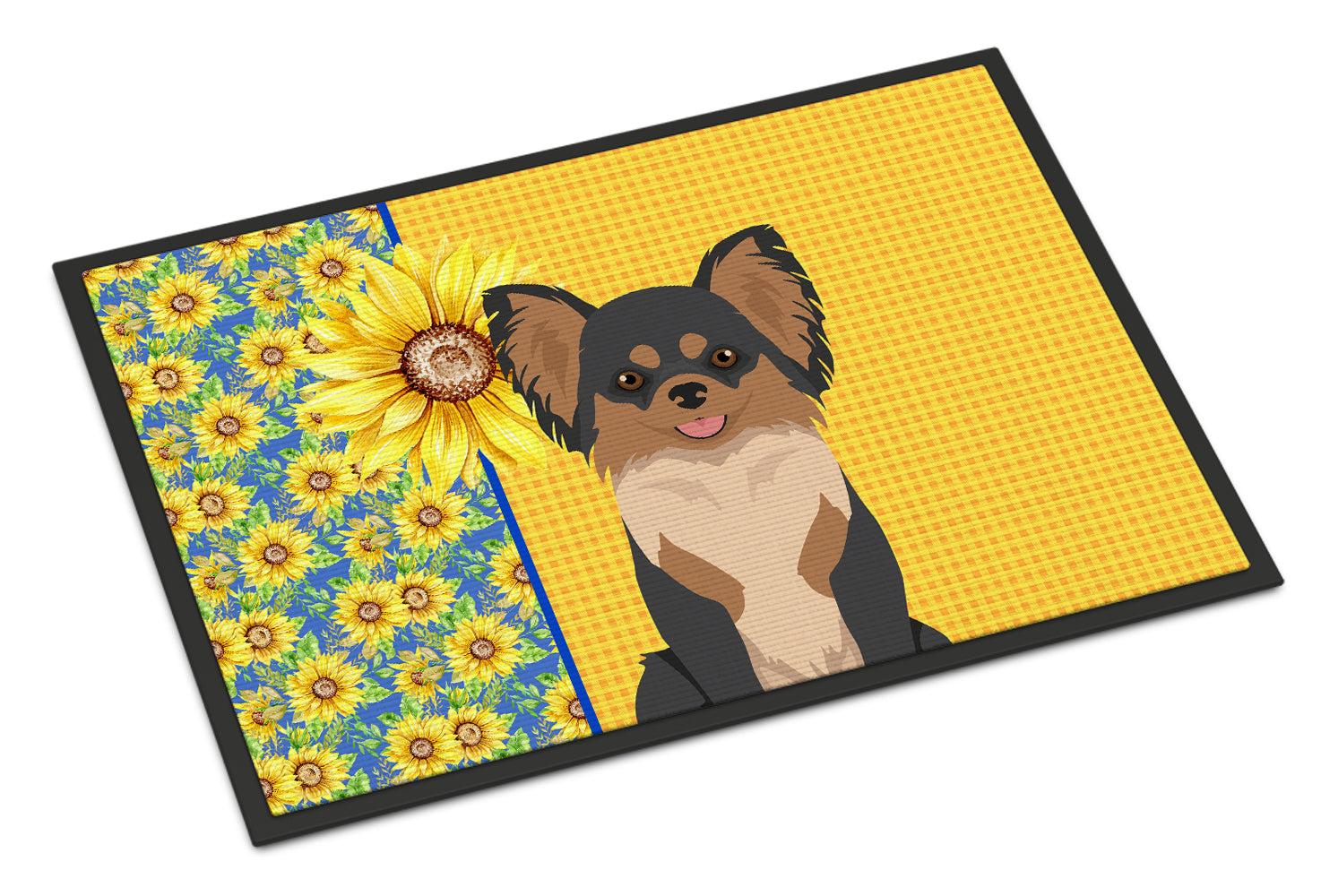 Buy this Summer Sunflowers Longhaired Black and Tan Chihuahua Indoor or Outdoor Mat 24x36