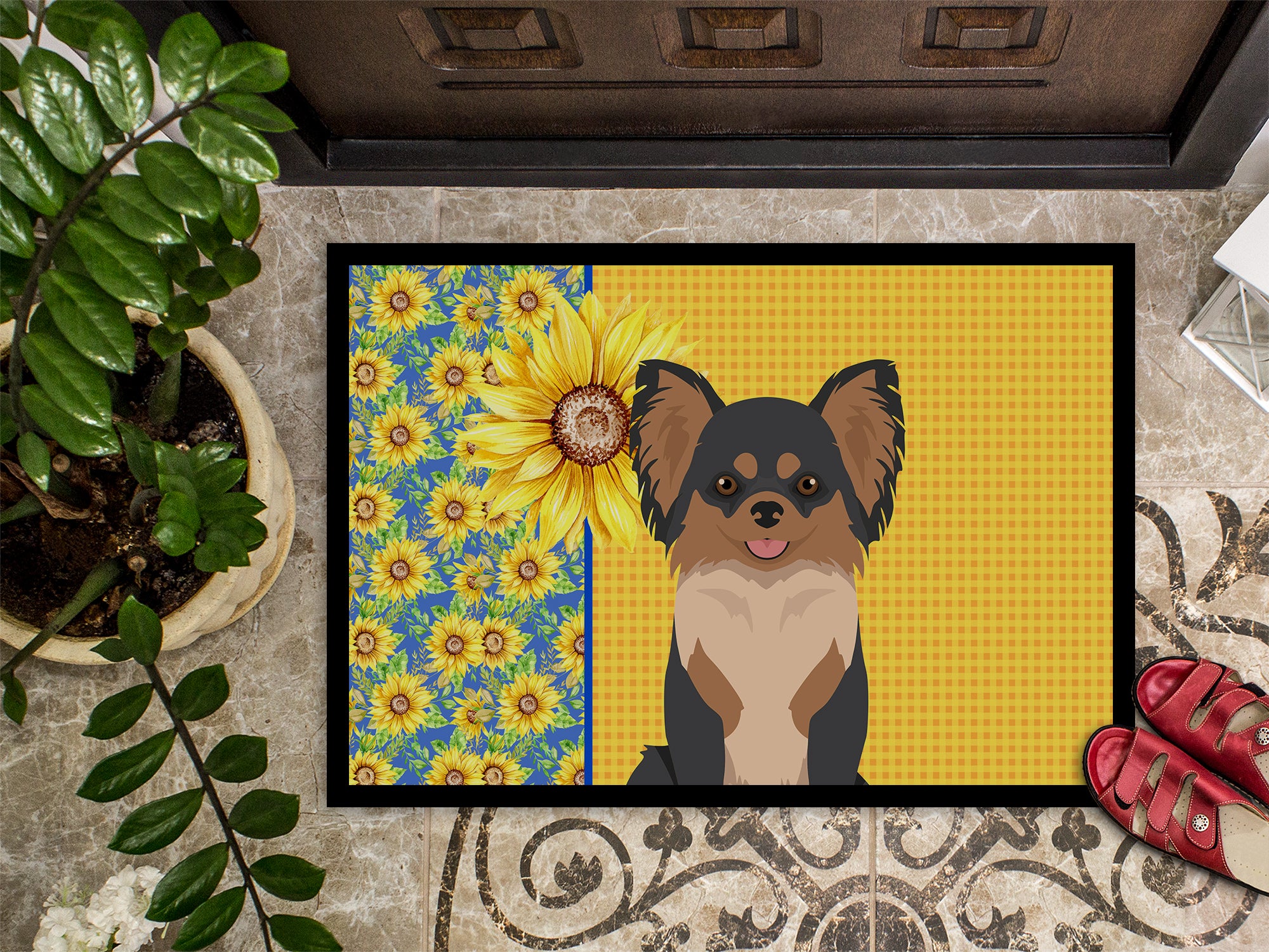 Summer Sunflowers Longhaired Black and Tan Chihuahua Indoor or Outdoor Mat 24x36 - the-store.com