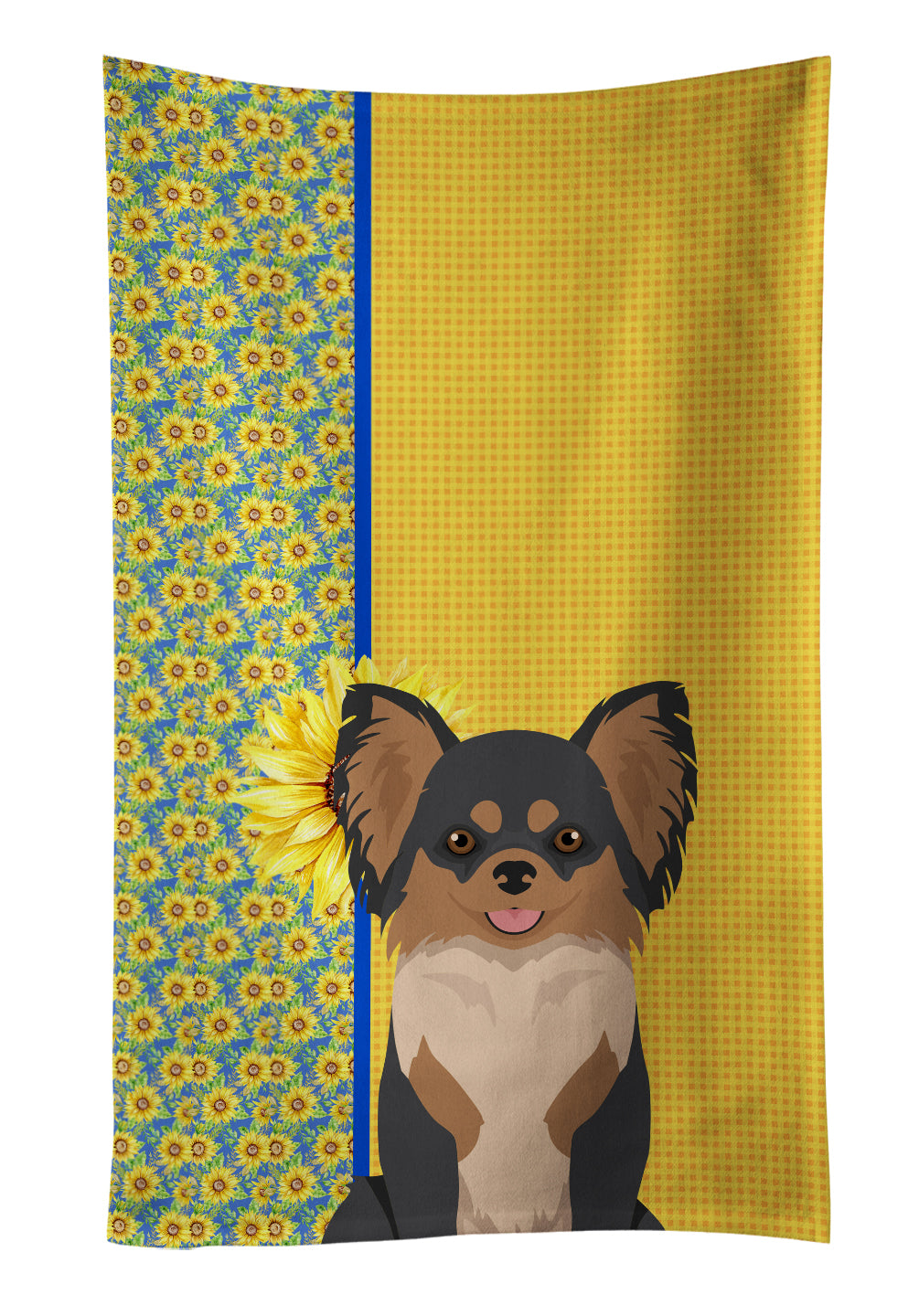 Buy this Summer Sunflowers Longhaired Black and Tan Chihuahua Kitchen Towel