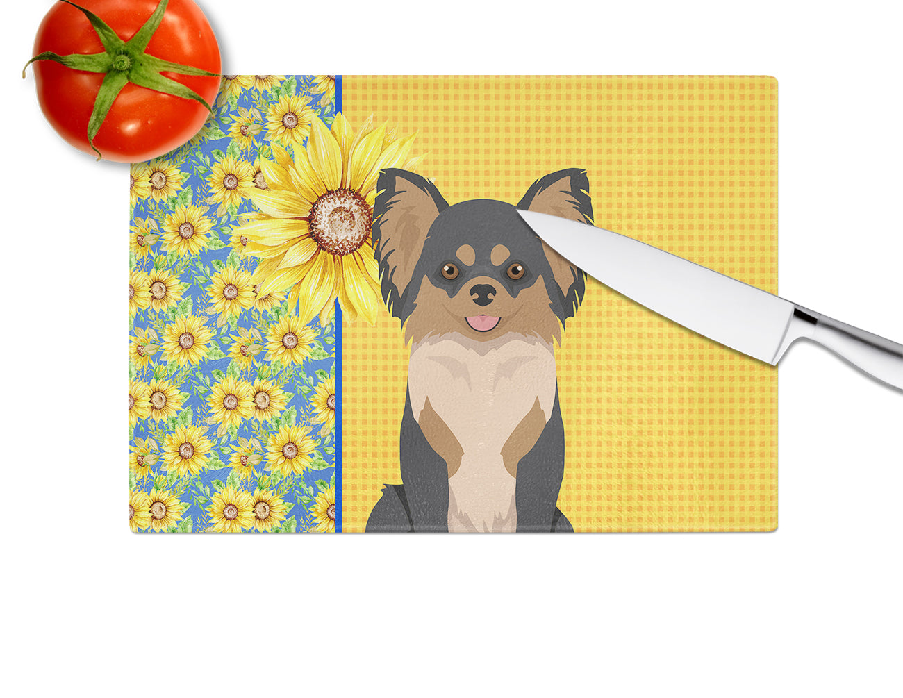 Summer Sunflowers Longhaired Black and Tan Chihuahua Glass Cutting Board Large - the-store.com
