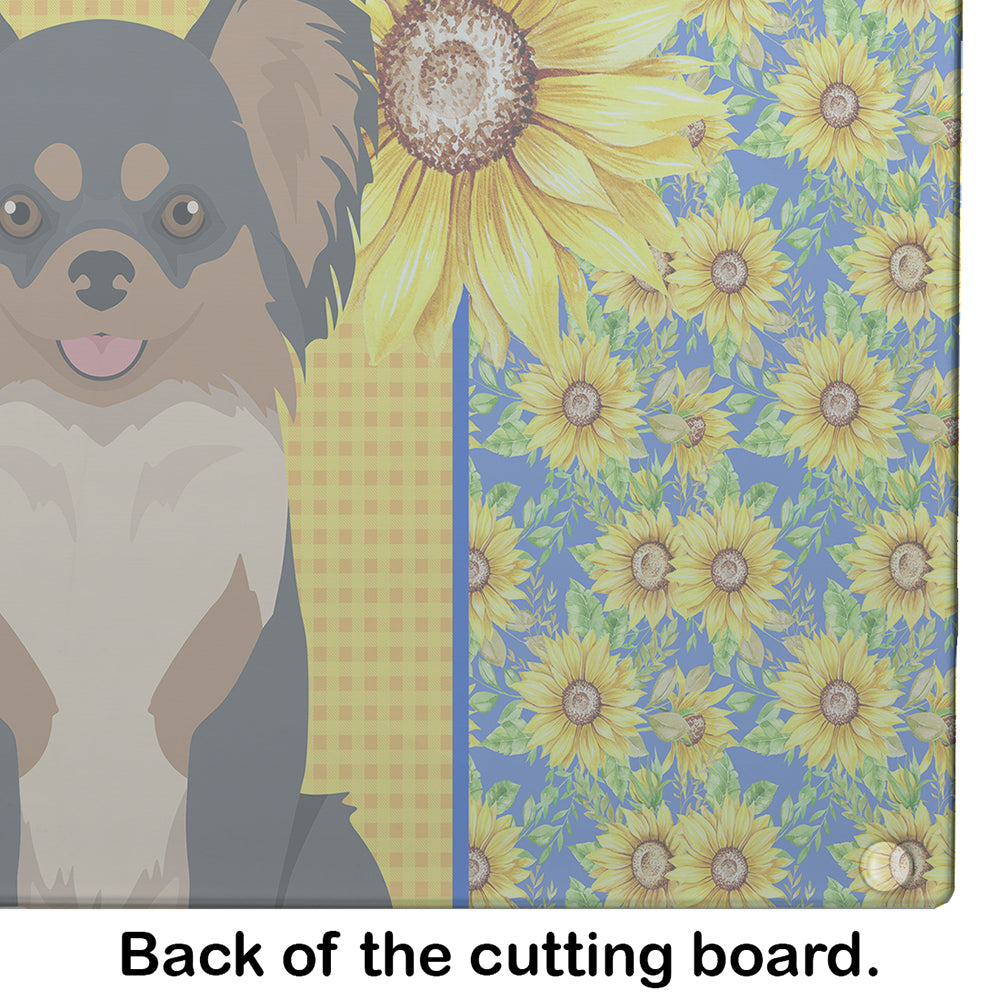 Summer Sunflowers Longhaired Black and Tan Chihuahua Glass Cutting Board Large - the-store.com