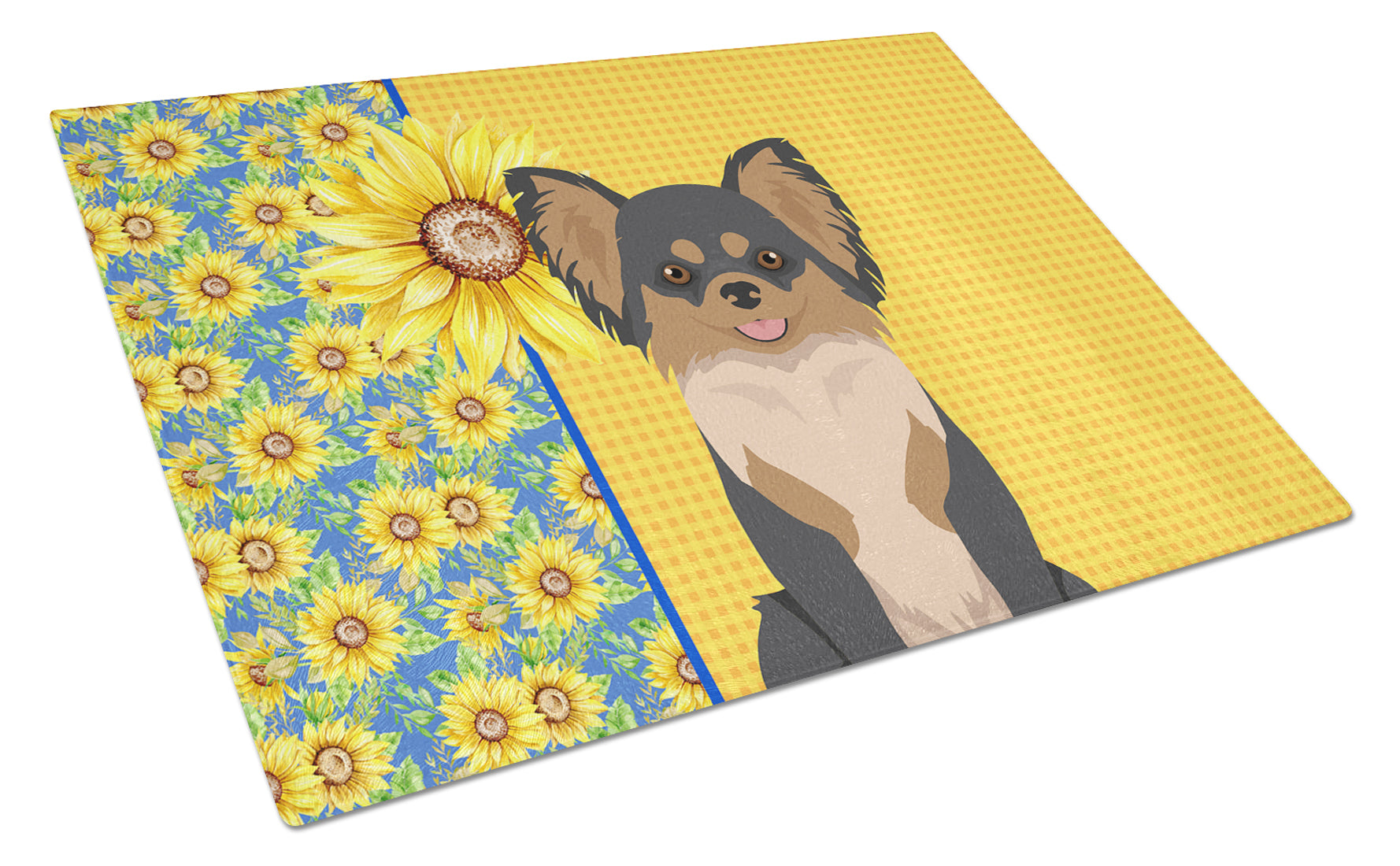 Buy this Summer Sunflowers Longhaired Black and Tan Chihuahua Glass Cutting Board Large