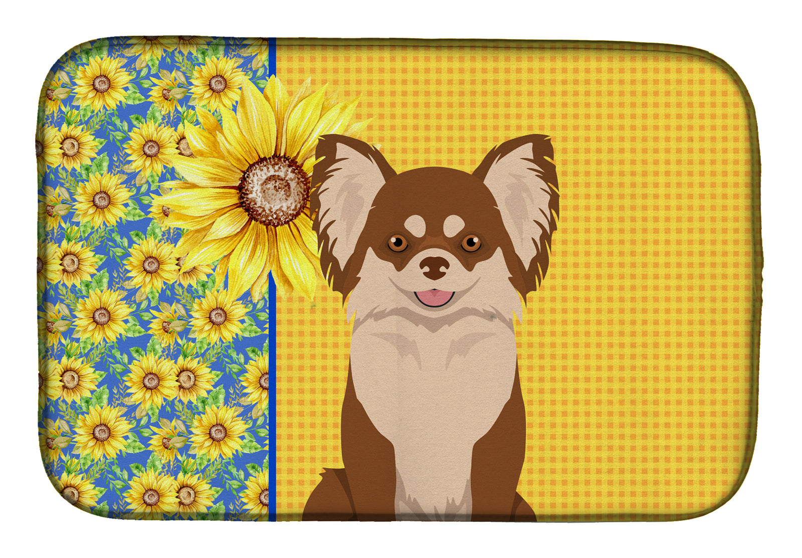Summer Sunflowers Longhaired Chocolate and White Chihuahua Dish Drying Mat