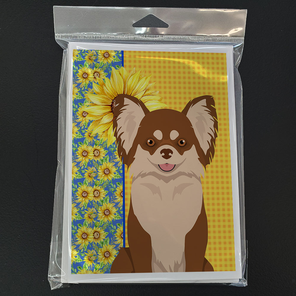 Summer Sunflowers Longhaired Chocolate and White Chihuahua Greeting Cards and Envelopes Pack of 8 - the-store.com
