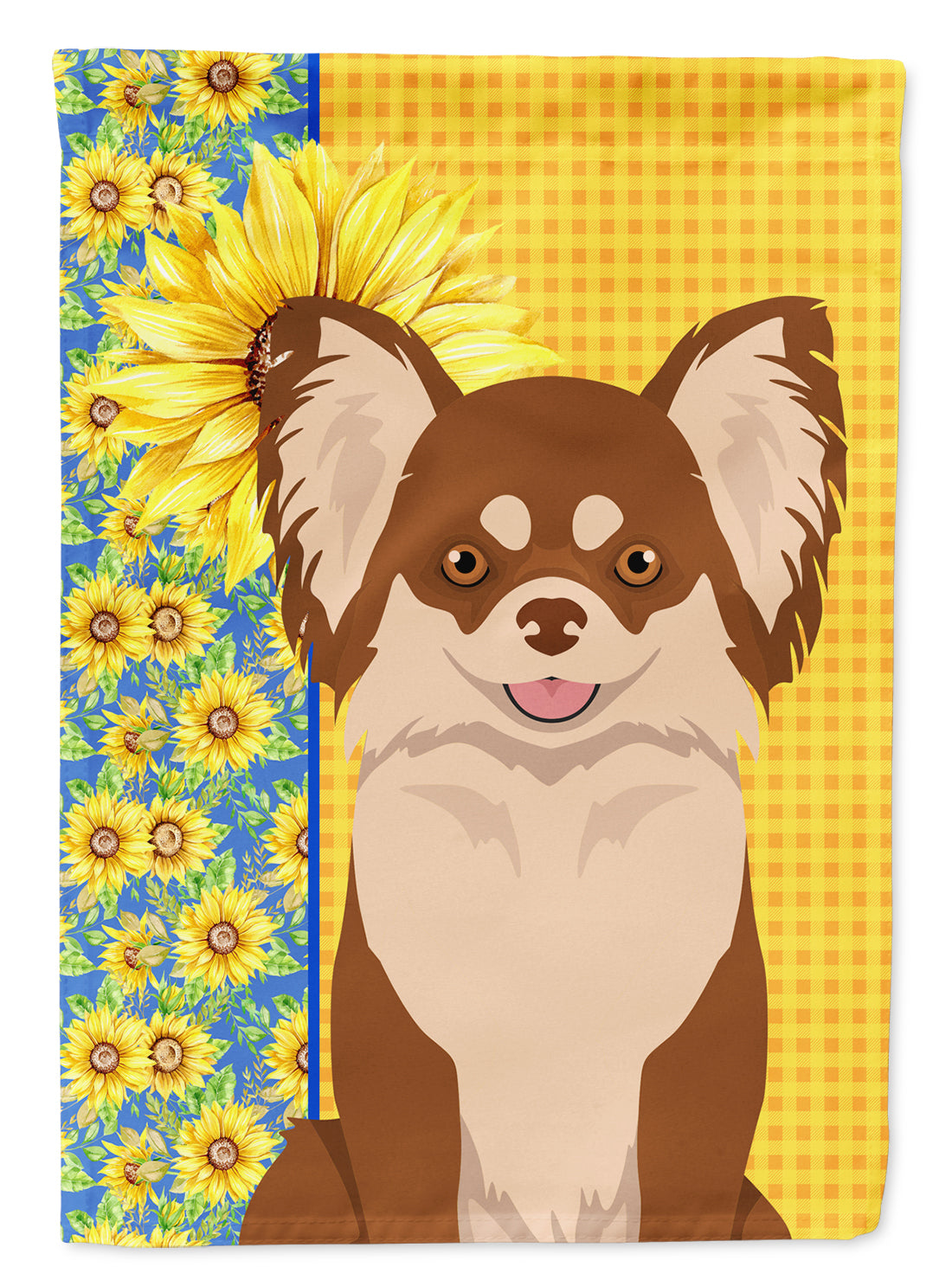 Summer Sunflowers Longhaired Chocolate and White Chihuahua Flag Garden Size  the-store.com.
