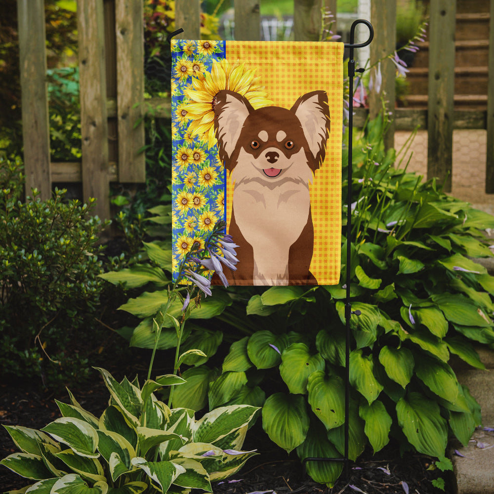 Summer Sunflowers Longhaired Chocolate and White Chihuahua Flag Garden Size  the-store.com.