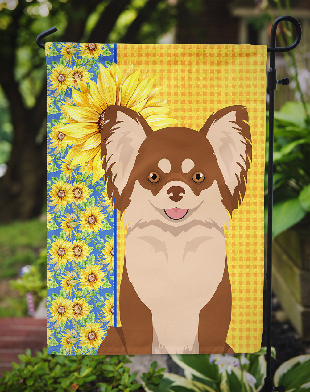 Summer Sunflowers Longhaired Chocolate and White Chihuahua Flag Garden Size