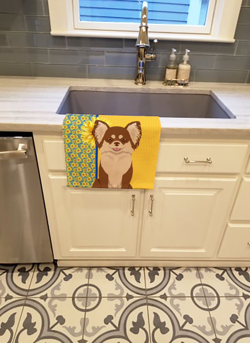Buy this Summer Sunflowers Longhaired Chocolate and White Chihuahua Kitchen Towel