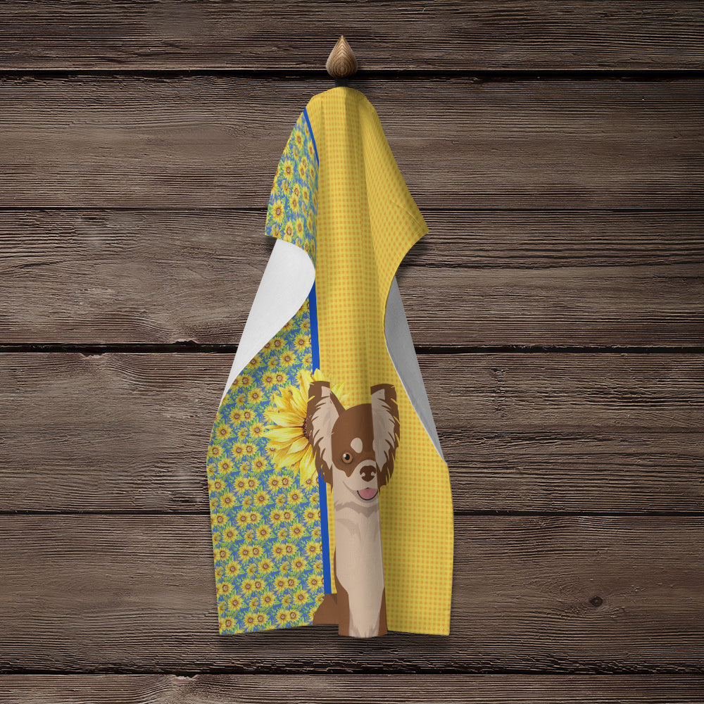 Summer Sunflowers Longhaired Chocolate and White Chihuahua Kitchen Towel - the-store.com