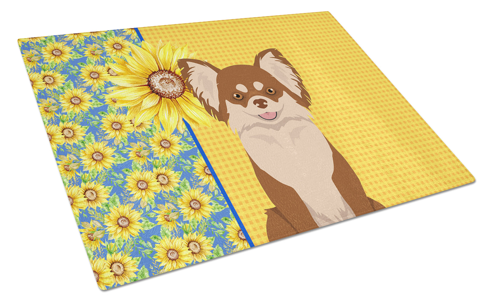 Buy this Summer Sunflowers Longhaired Chocolate and White Chihuahua Glass Cutting Board Large