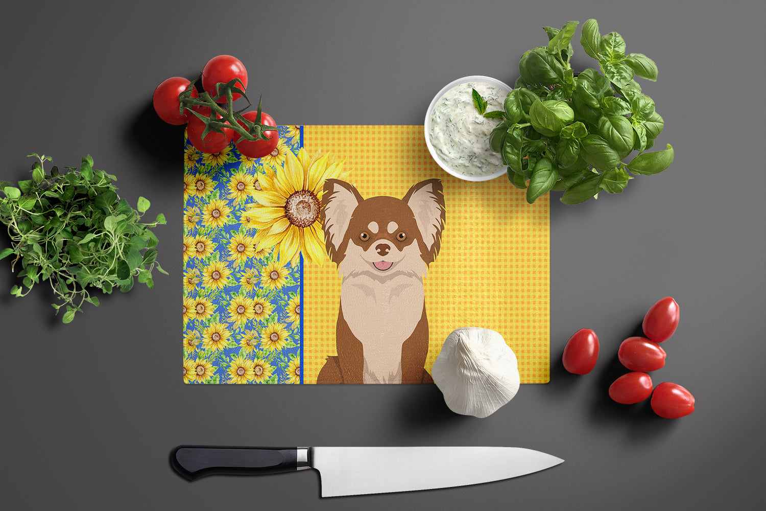 Summer Sunflowers Longhaired Chocolate and White Chihuahua Glass Cutting Board Large - the-store.com
