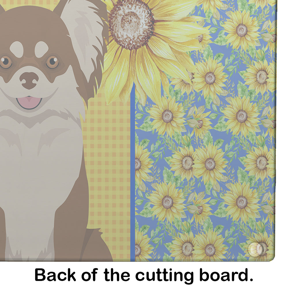 Summer Sunflowers Longhaired Chocolate and White Chihuahua Glass Cutting Board Large - the-store.com