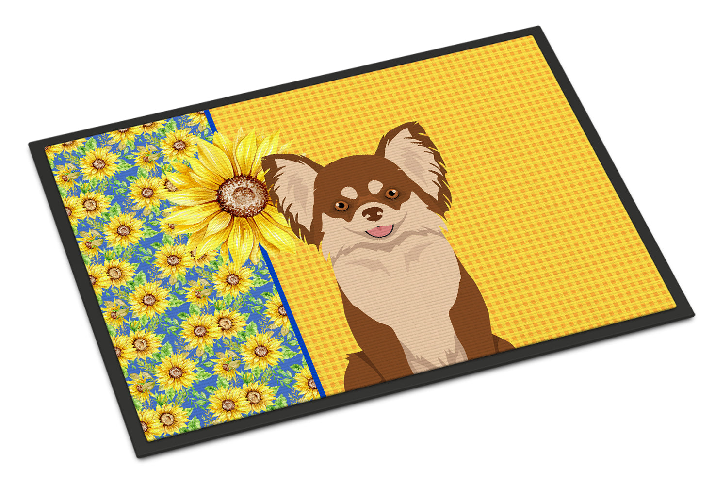 Buy this Summer Sunflowers Longhaired Chocolate and White Chihuahua Indoor or Outdoor Mat 18x27