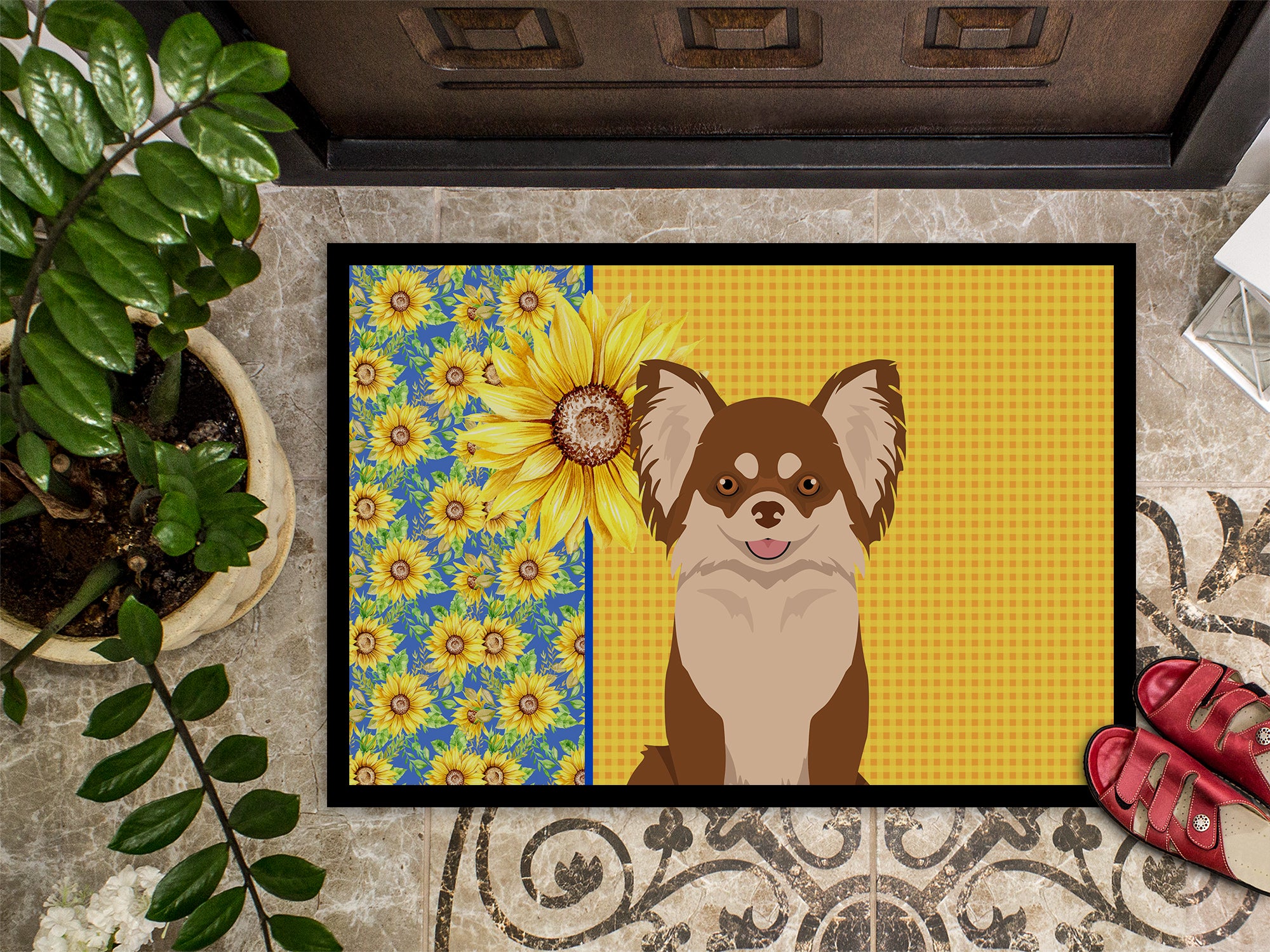 Summer Sunflowers Longhaired Chocolate and White Chihuahua Indoor or Outdoor Mat 18x27 - the-store.com
