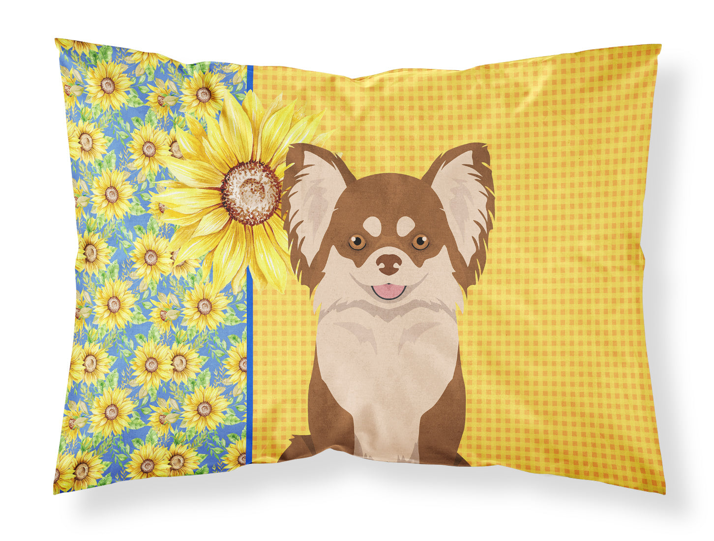 Buy this Summer Sunflowers Longhaired Chocolate and White Chihuahua Fabric Standard Pillowcase