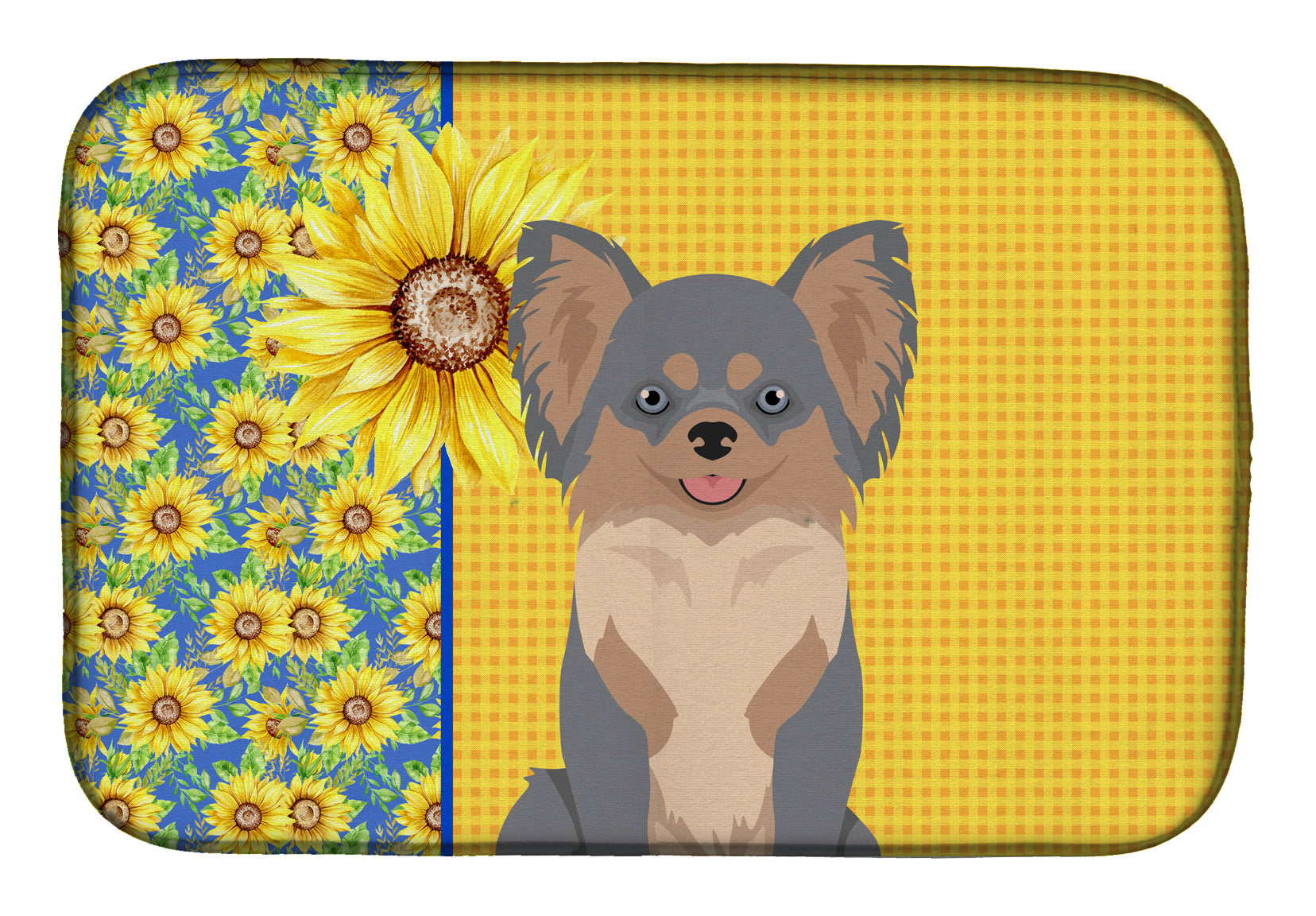 Summer Sunflowers Longhaired Blue and Tan Chihuahua Dish Drying Mat