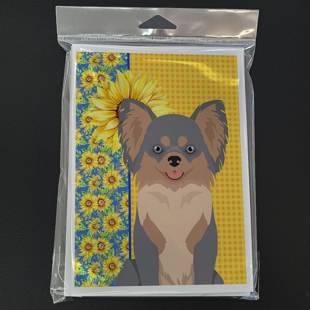 Summer Sunflowers Longhaired Blue and Tan Chihuahua Greeting Cards and Envelopes Pack of 8 - the-store.com
