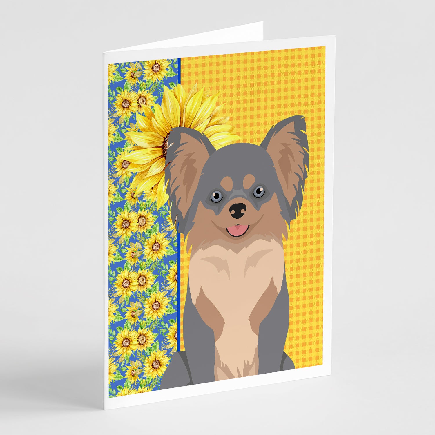 Buy this Summer Sunflowers Longhaired Blue and Tan Chihuahua Greeting Cards and Envelopes Pack of 8