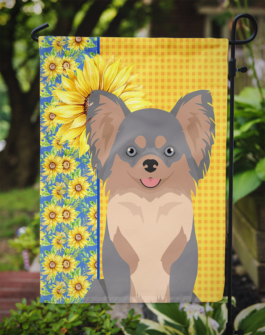 Summer Sunflowers Longhaired Blue and Tan Chihuahua Flag Garden Size