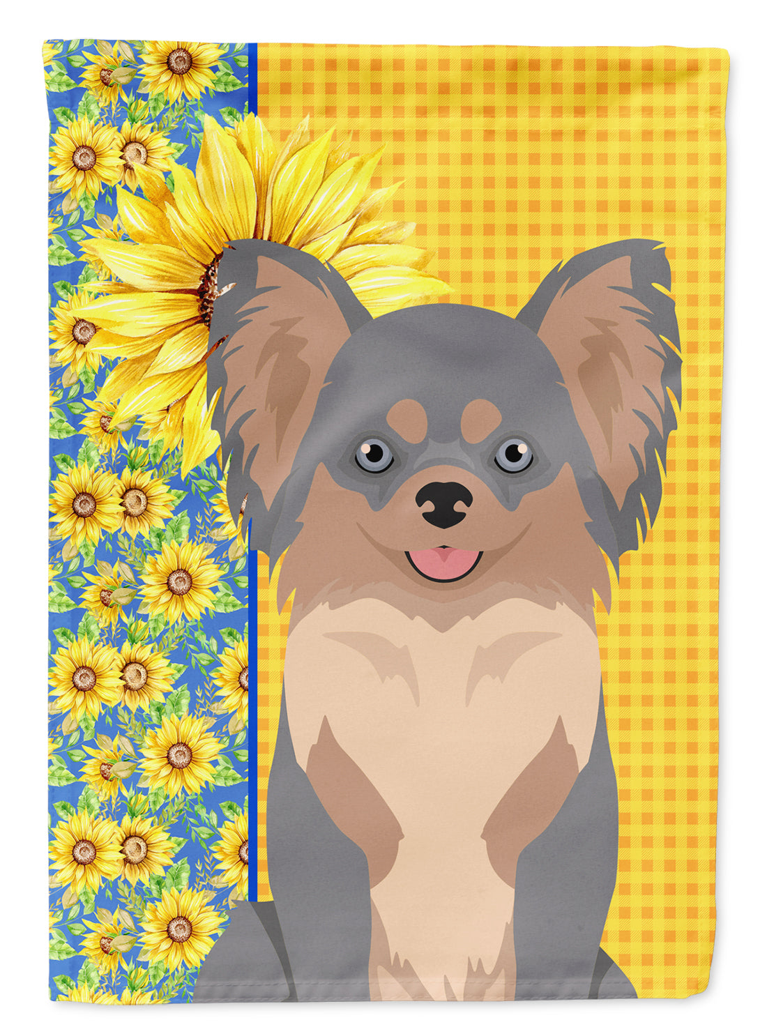 Summer Sunflowers Longhaired Blue and Tan Chihuahua Flag Garden Size  the-store.com.