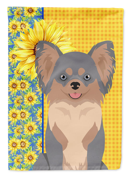 Summer Sunflowers Longhaired Blue and Tan Chihuahua Flag Garden Size