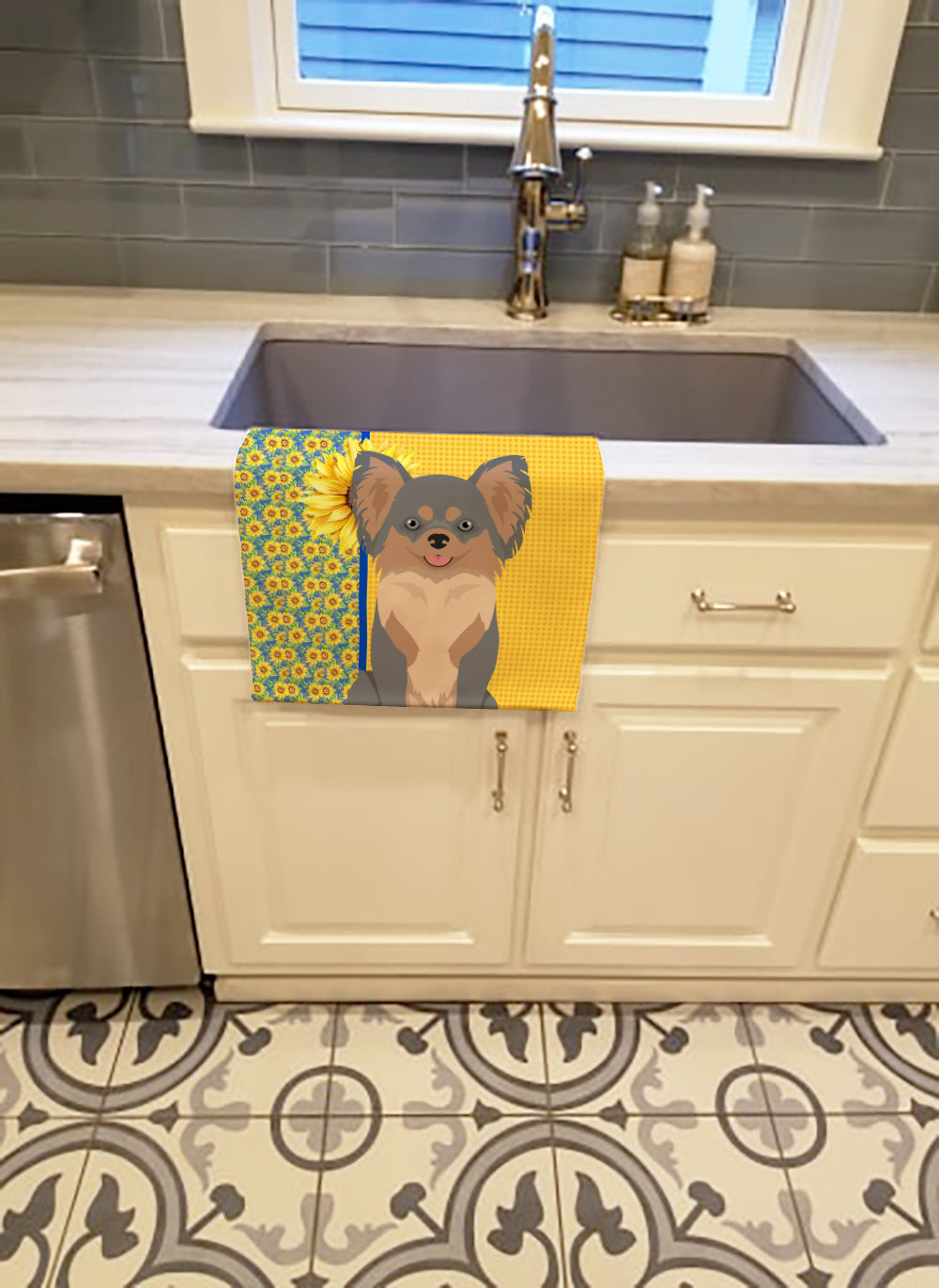 Summer Sunflowers Longhaired Blue and Tan Chihuahua Kitchen Towel - the-store.com