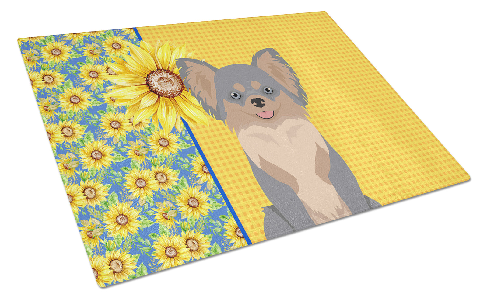 Buy this Summer Sunflowers Longhaired Blue and Tan Chihuahua Glass Cutting Board Large
