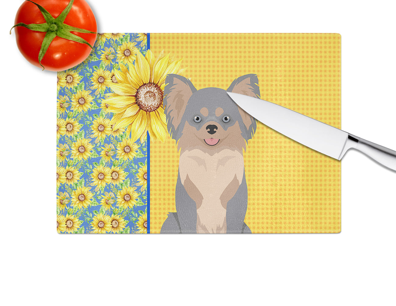 Summer Sunflowers Longhaired Blue and Tan Chihuahua Glass Cutting Board Large - the-store.com