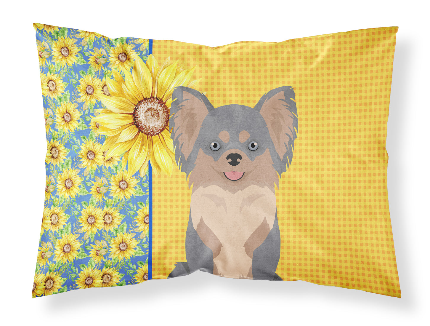 Buy this Summer Sunflowers Longhaired Blue and Tan Chihuahua Fabric Standard Pillowcase