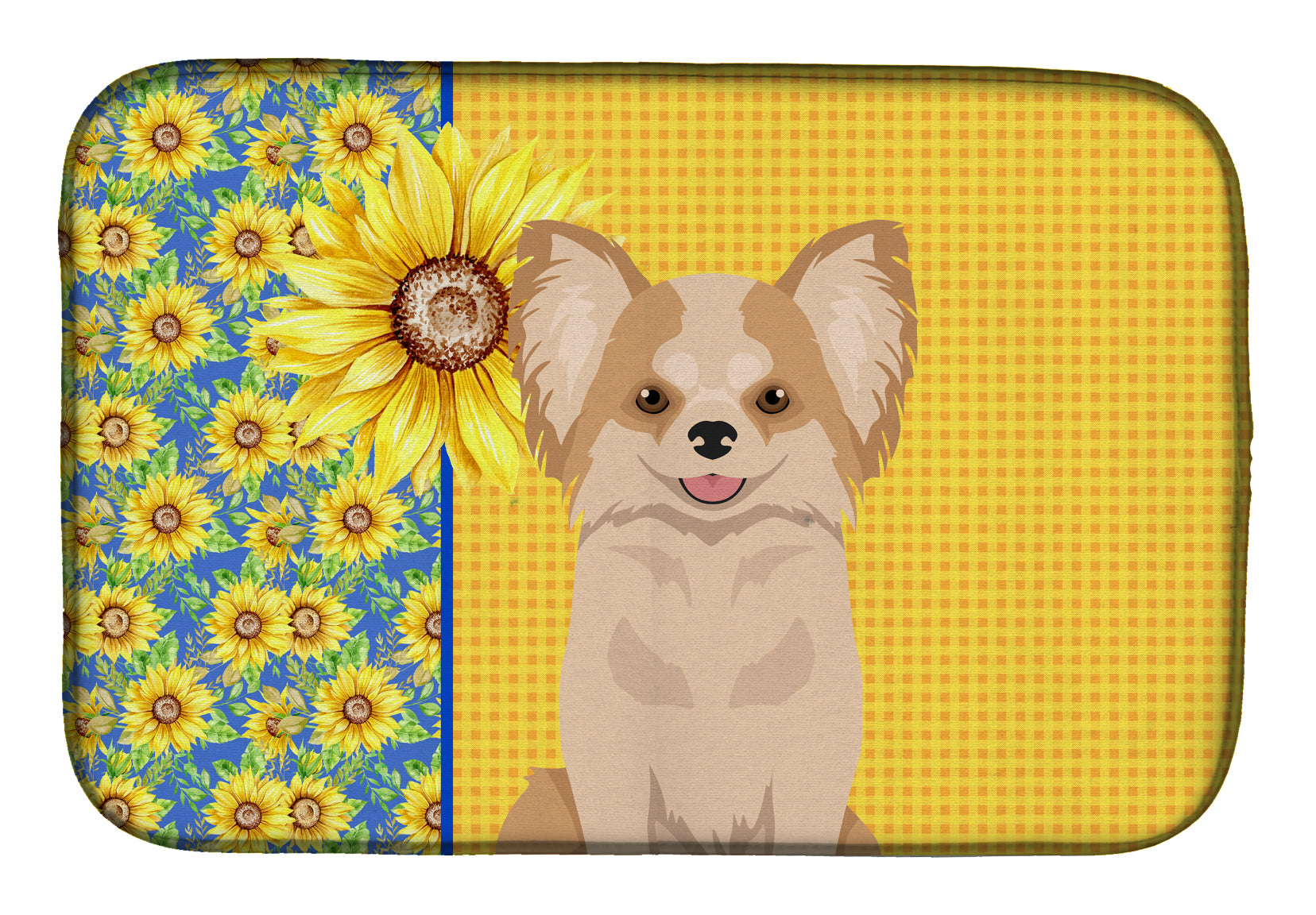Summer Sunflowers Longhaired Gold and White Chihuahua Dish Drying Mat