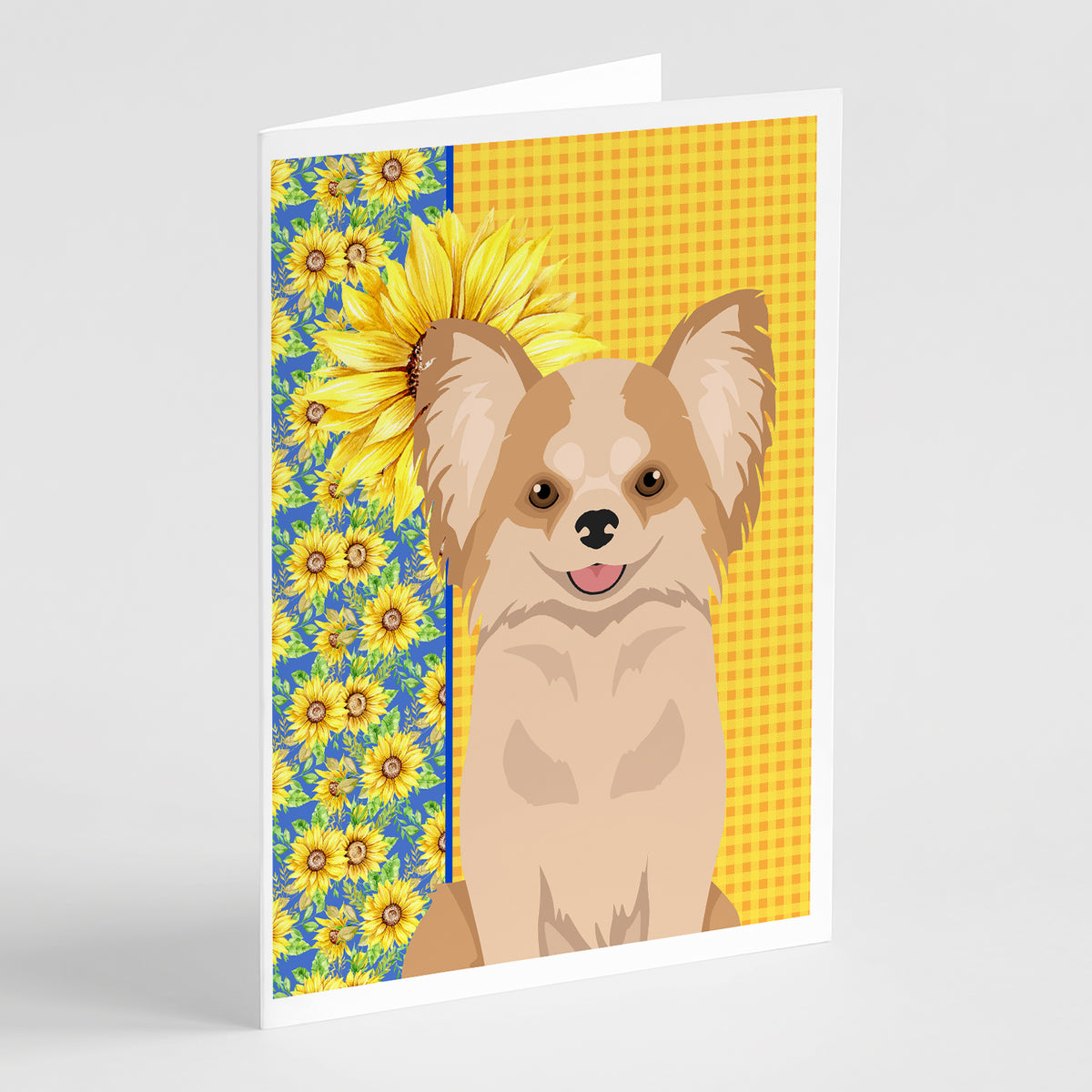 Buy this Summer Sunflowers Longhaired Gold and White Chihuahua Greeting Cards and Envelopes Pack of 8