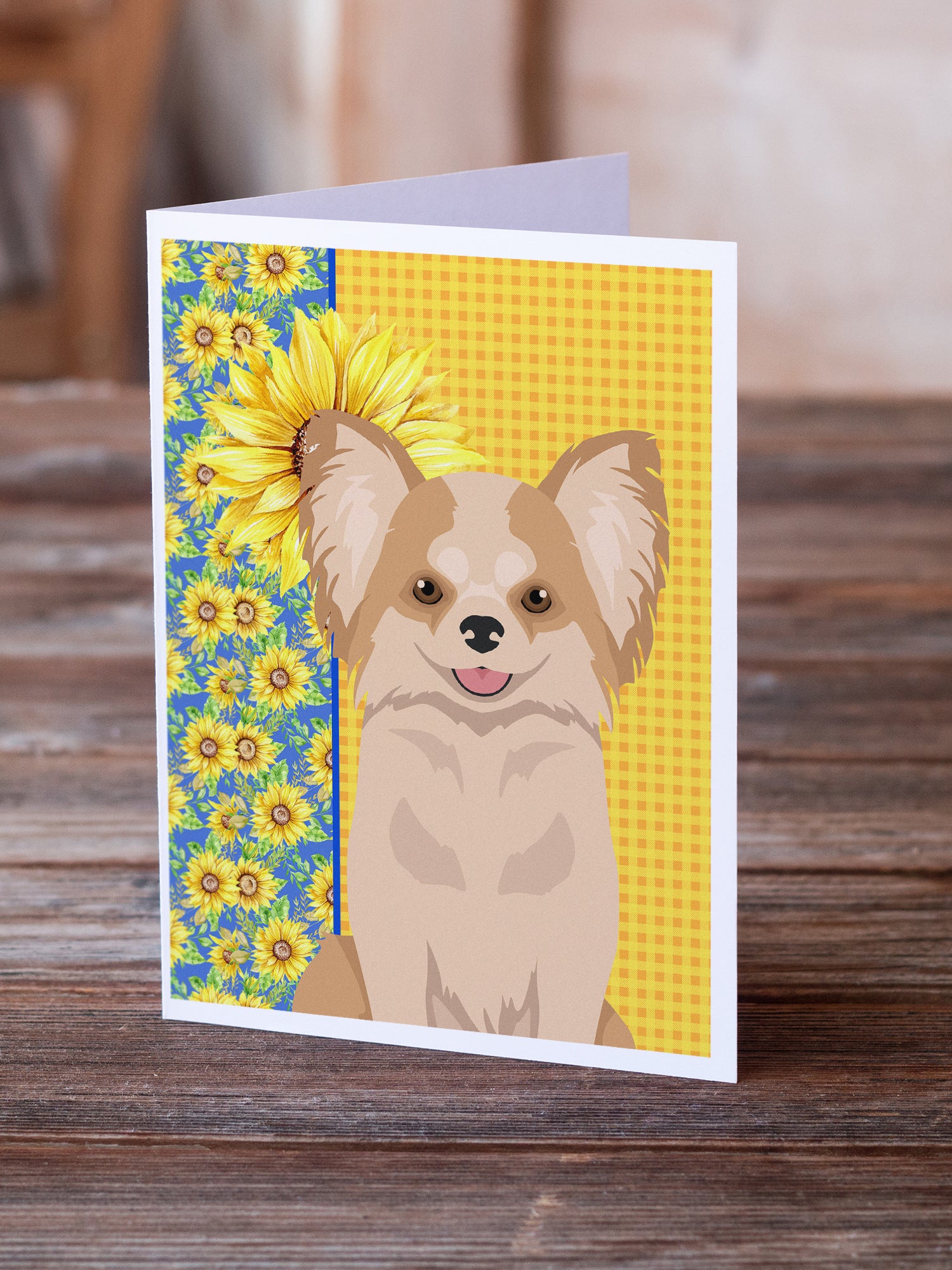 Buy this Summer Sunflowers Longhaired Gold and White Chihuahua Greeting Cards and Envelopes Pack of 8