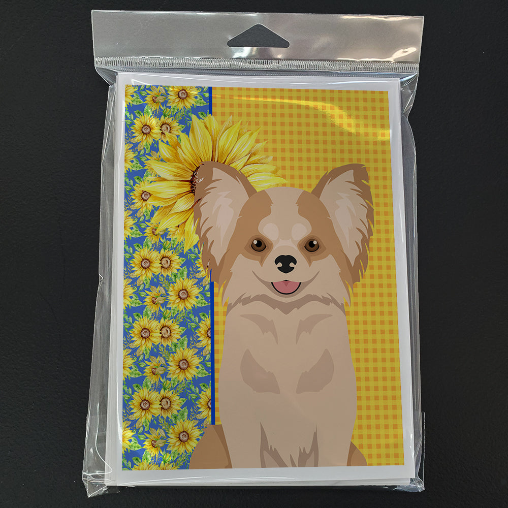Summer Sunflowers Longhaired Gold and White Chihuahua Greeting Cards and Envelopes Pack of 8 - the-store.com