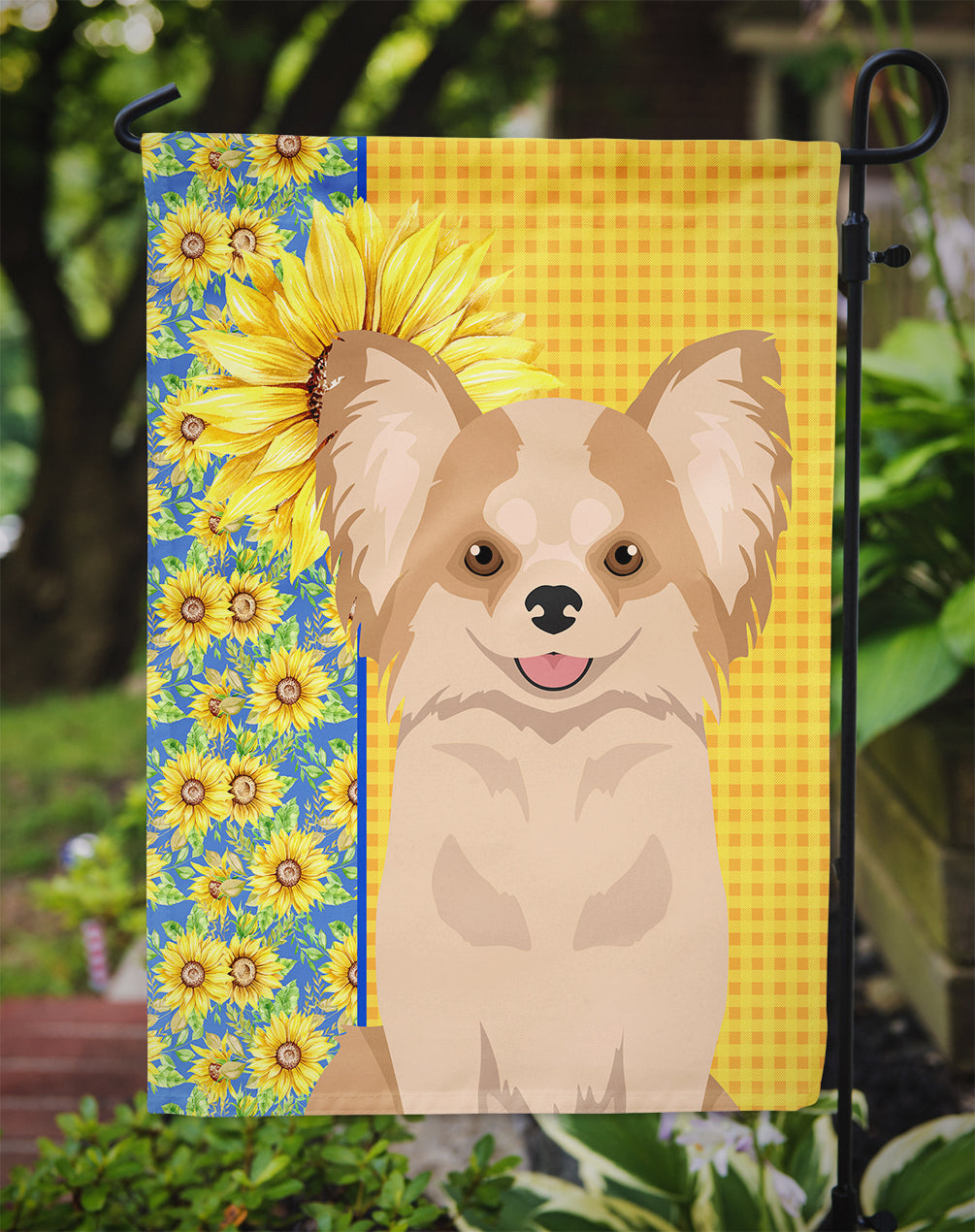 Summer Sunflowers Longhaired Gold and White Chihuahua Flag Garden Size