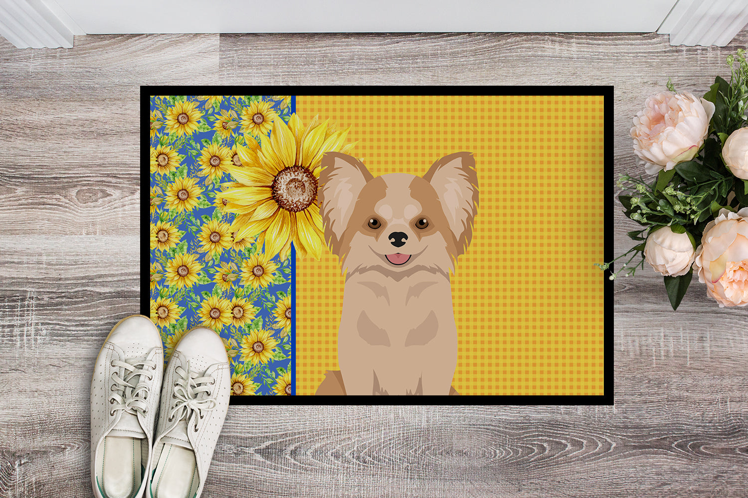 Summer Sunflowers Longhaired Gold and White Chihuahua Indoor or Outdoor Mat 24x36 - the-store.com