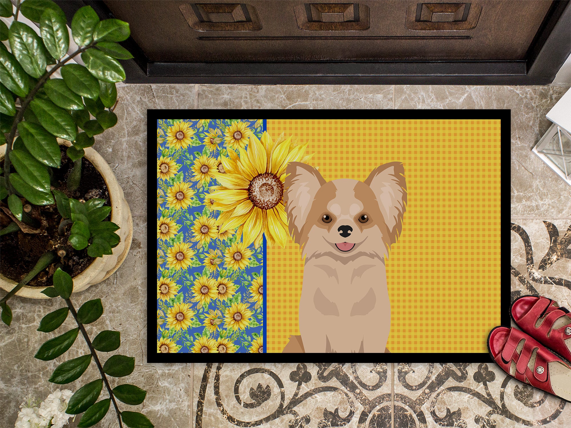 Summer Sunflowers Longhaired Gold and White Chihuahua Indoor or Outdoor Mat 24x36 - the-store.com