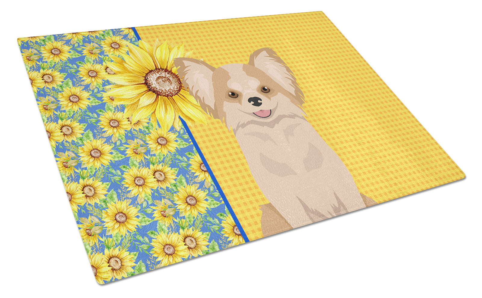 Buy this Summer Sunflowers Longhaired Gold and White Chihuahua Glass Cutting Board Large
