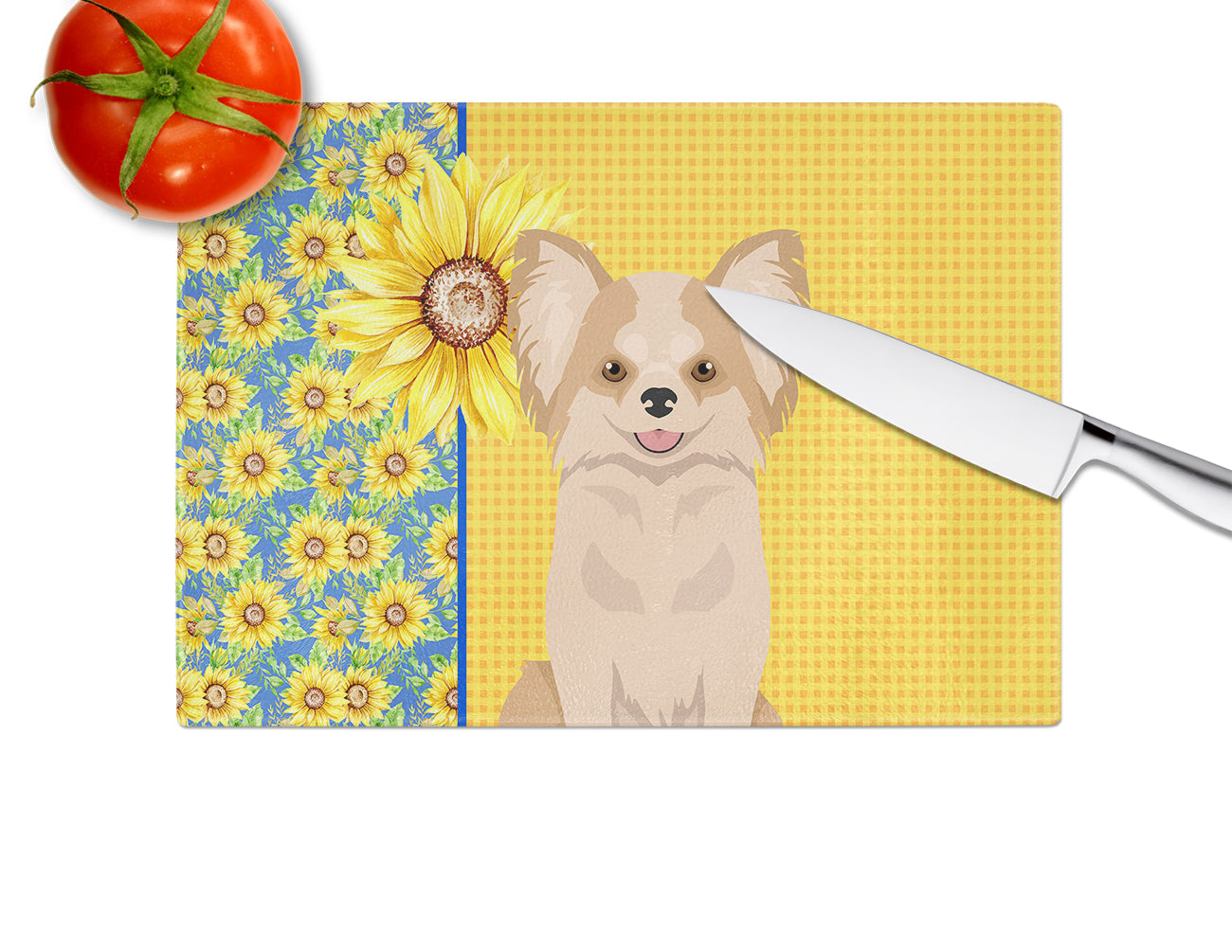 Summer Sunflowers Longhaired Gold and White Chihuahua Glass Cutting Board Large - the-store.com