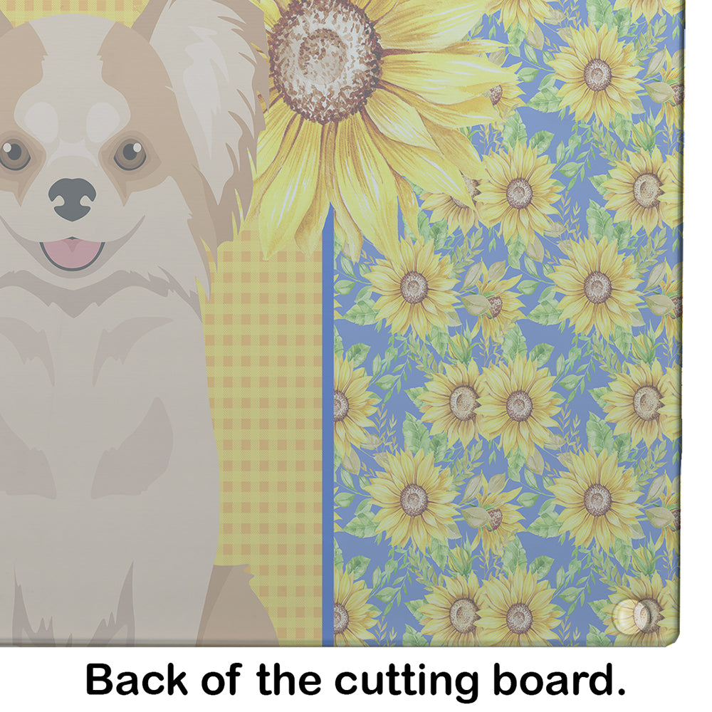Summer Sunflowers Longhaired Gold and White Chihuahua Glass Cutting Board Large - the-store.com
