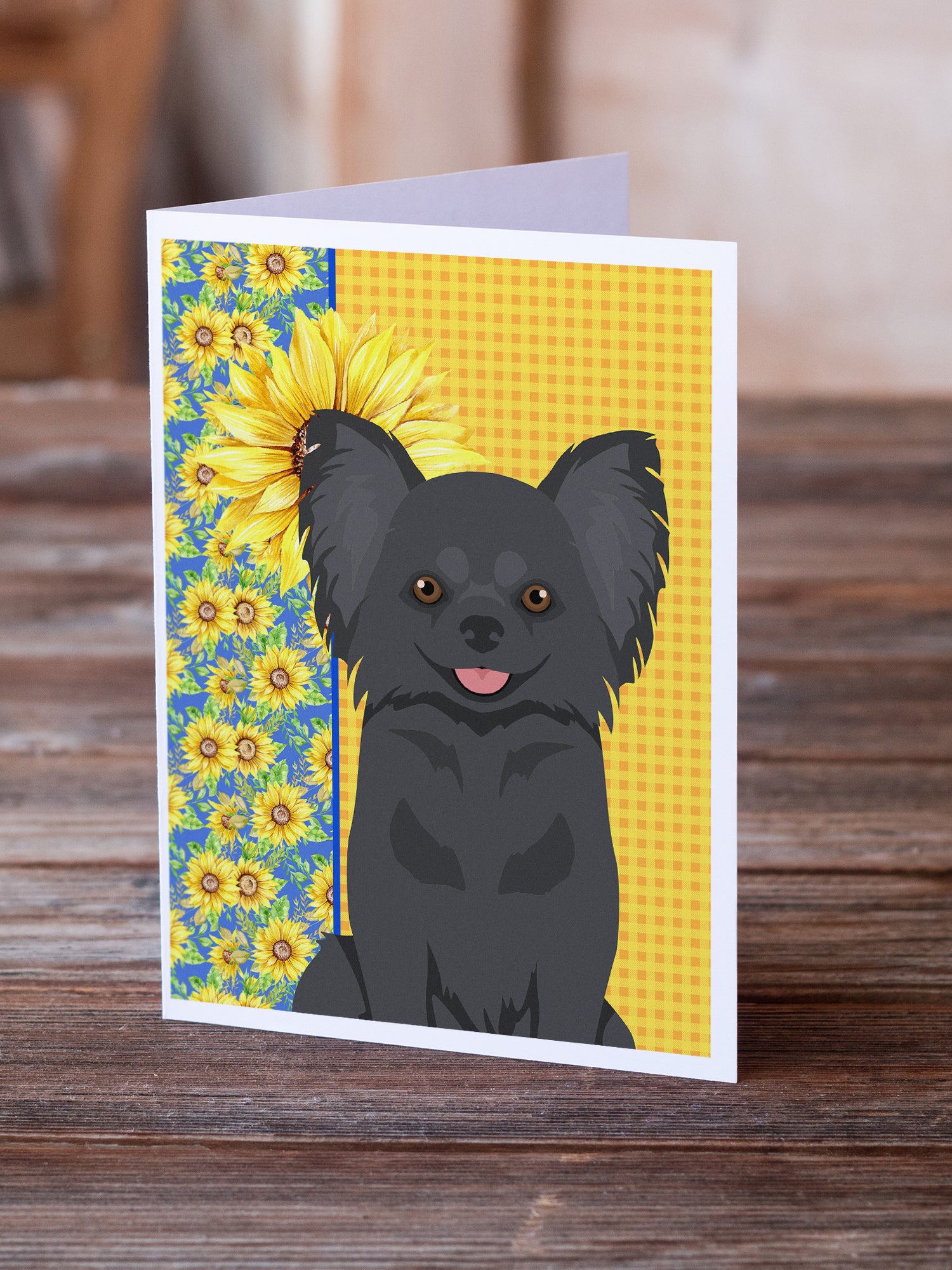 Summer Sunflowers Longhaired Black Chihuahua Greeting Cards and Envelopes Pack of 8 - the-store.com