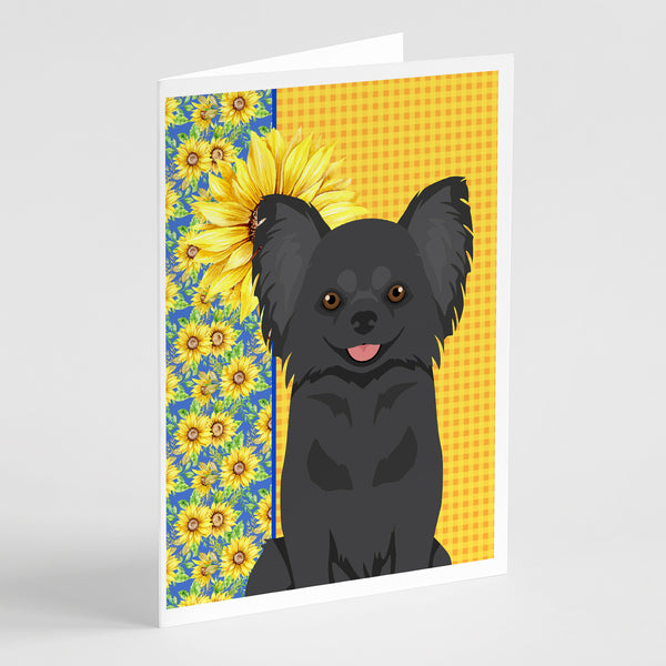 Buy this Summer Sunflowers Longhaired Black Chihuahua Greeting Cards and Envelopes Pack of 8