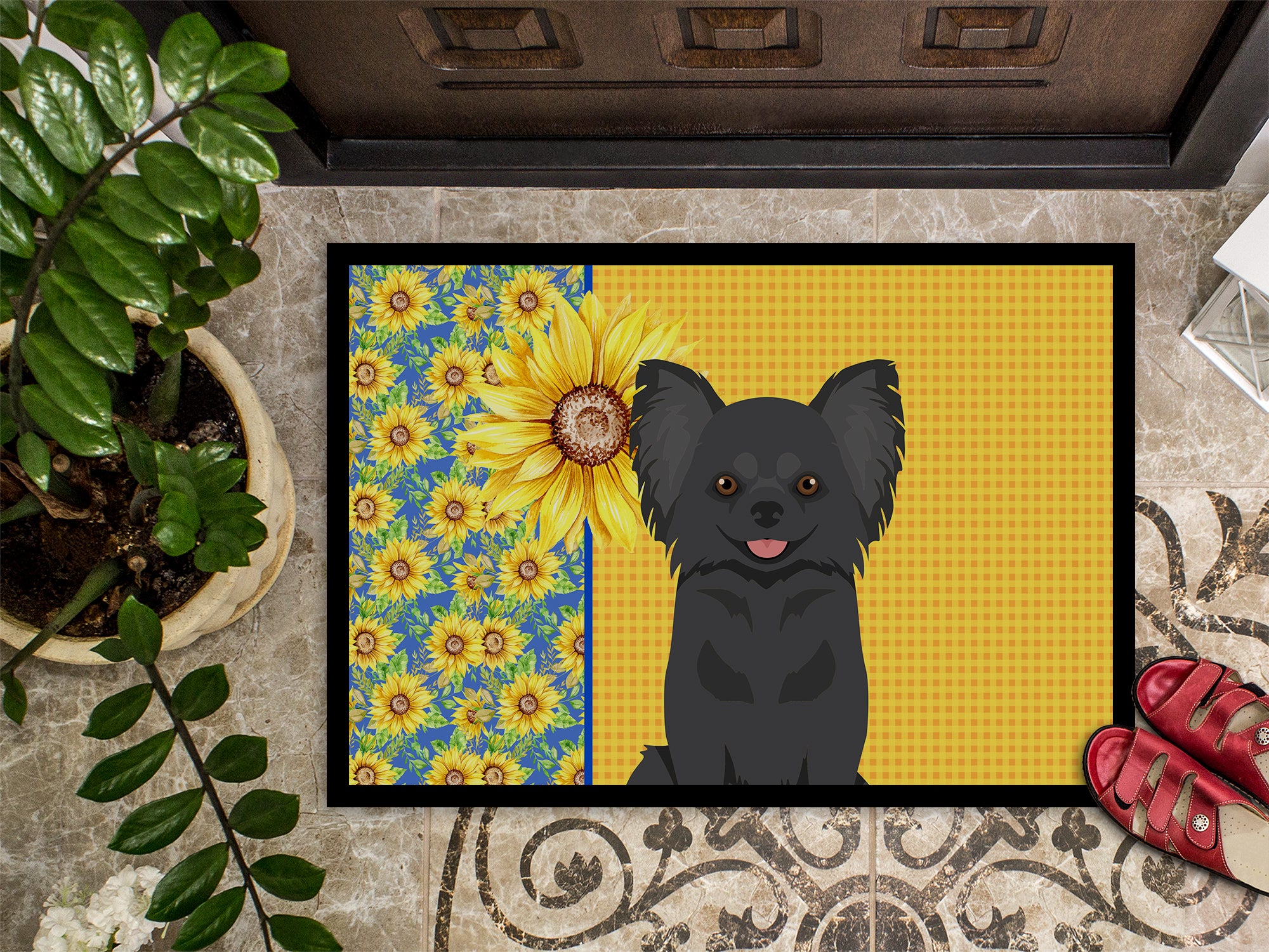 Summer Sunflowers Longhaired Black Chihuahua Indoor or Outdoor Mat 24x36 - the-store.com