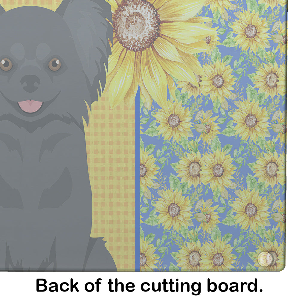 Summer Sunflowers Longhaired Black Chihuahua Glass Cutting Board Large - the-store.com