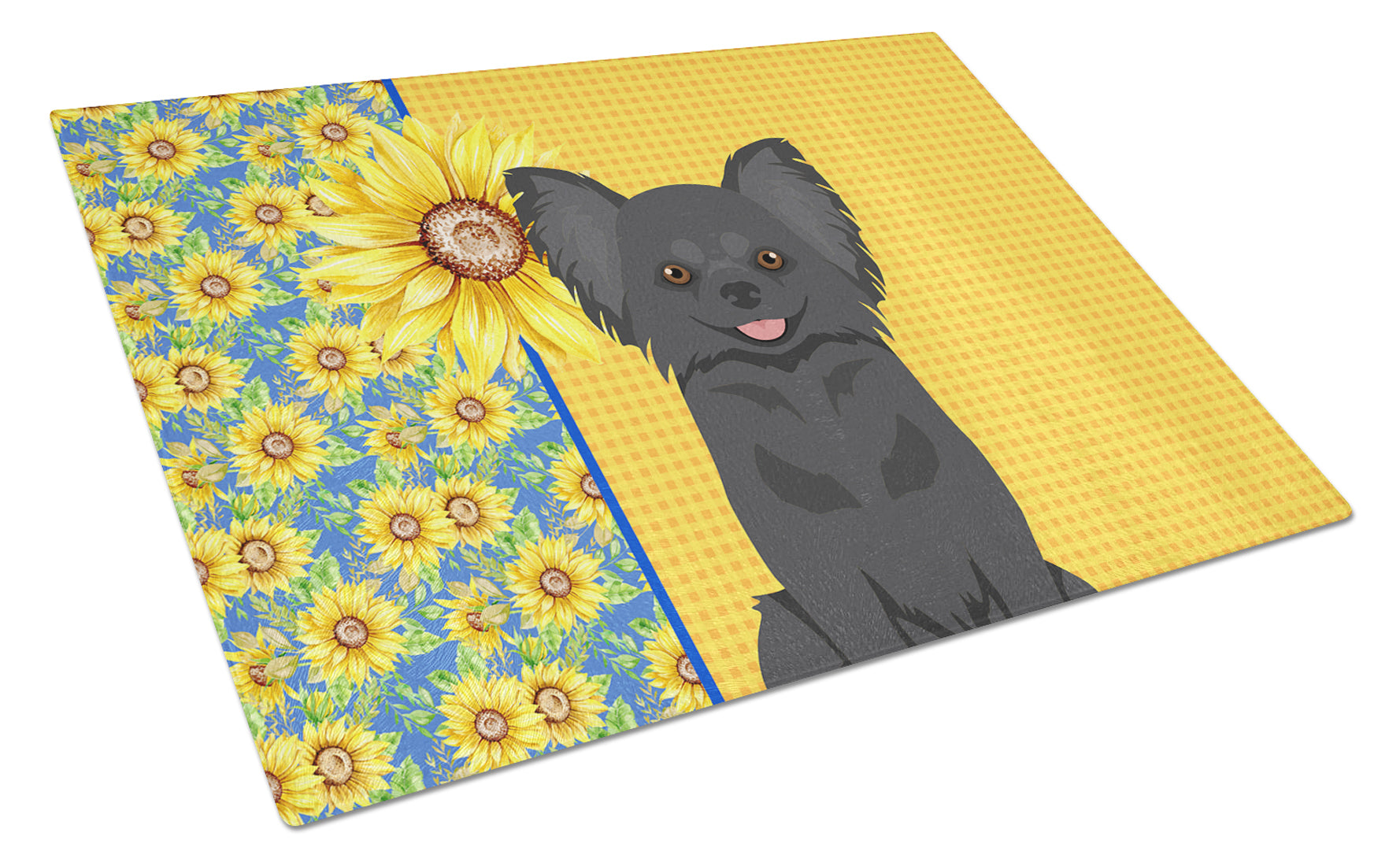 Buy this Summer Sunflowers Longhaired Black Chihuahua Glass Cutting Board Large