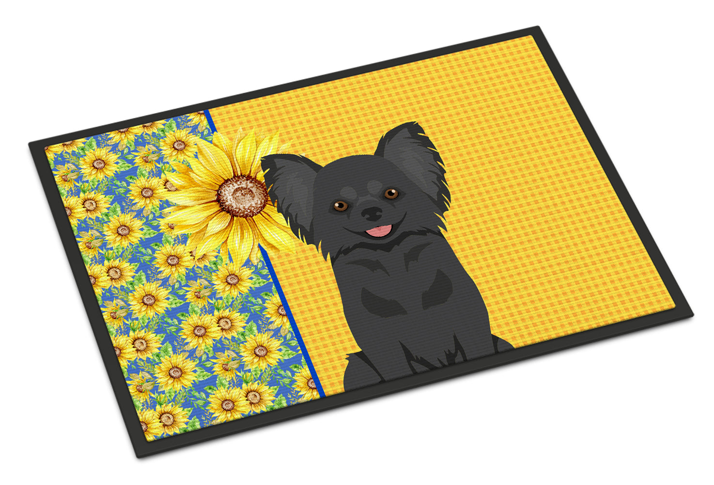Buy this Summer Sunflowers Longhaired Black Chihuahua Indoor or Outdoor Mat 18x27