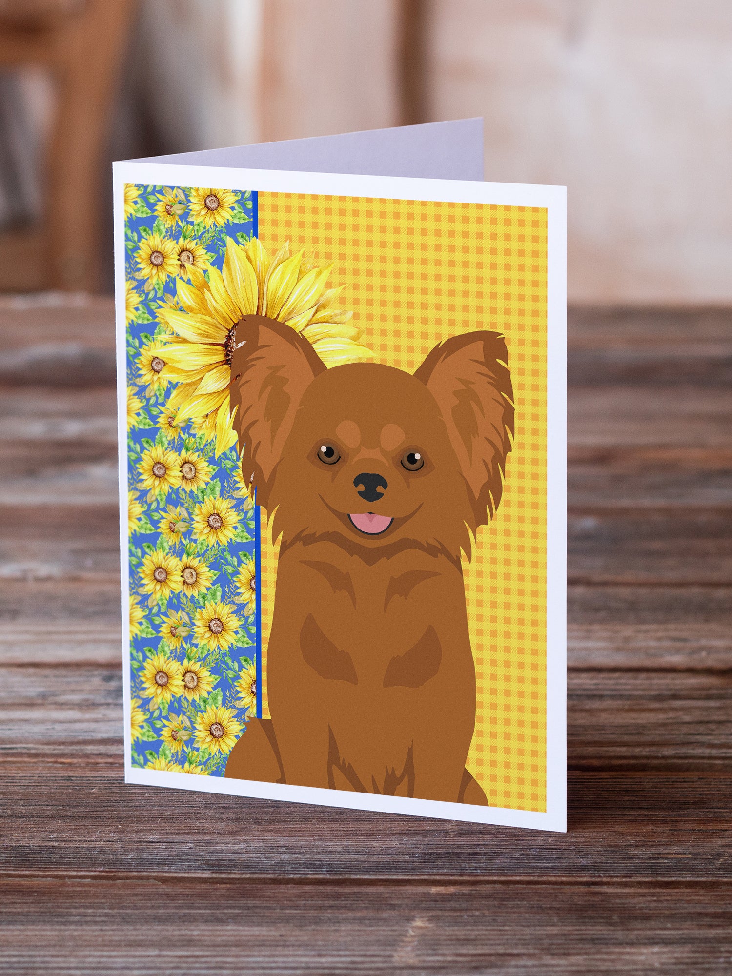Buy this Summer Sunflowers Longhaired Red Chihuahua Greeting Cards and Envelopes Pack of 8