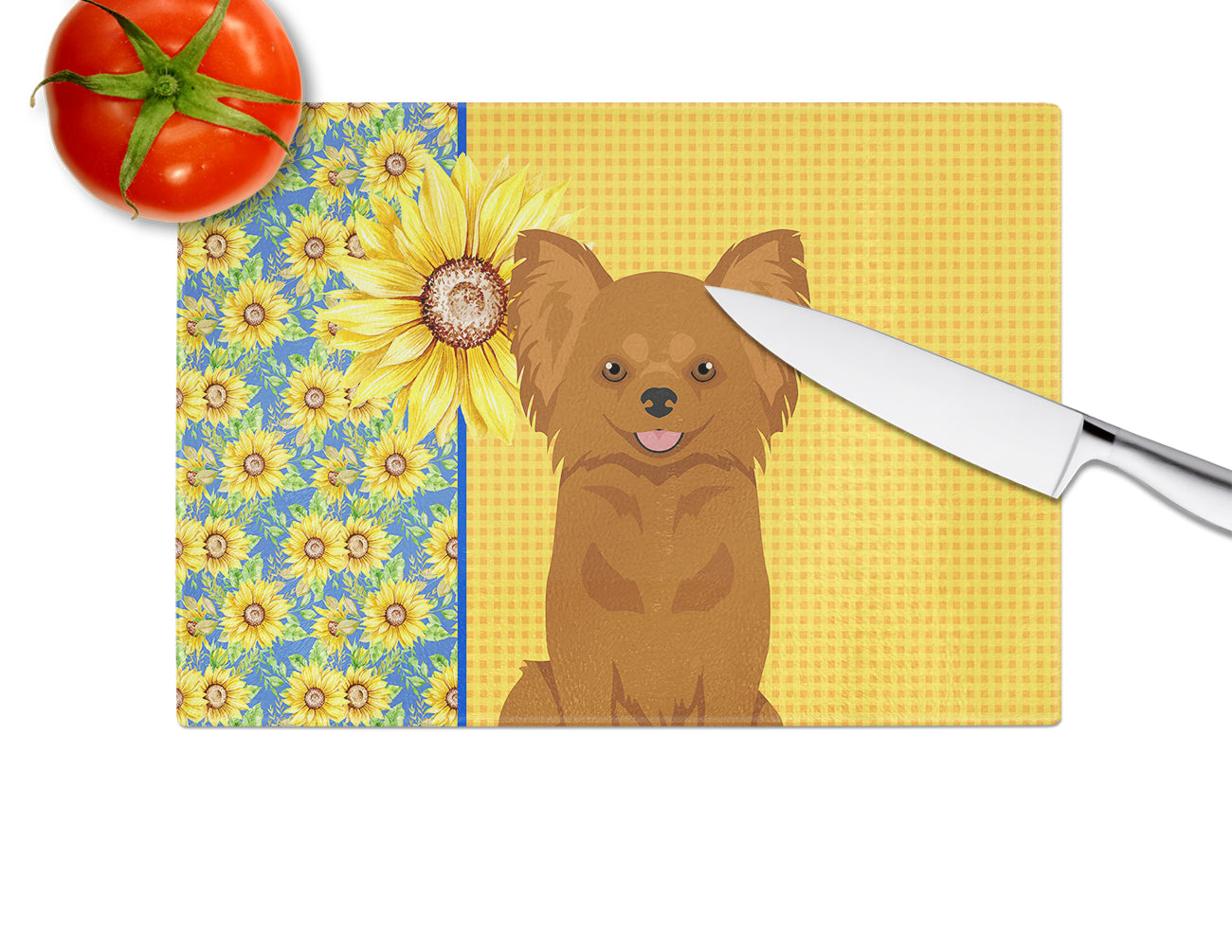 Summer Sunflowers Longhaired Red Chihuahua Glass Cutting Board Large - the-store.com