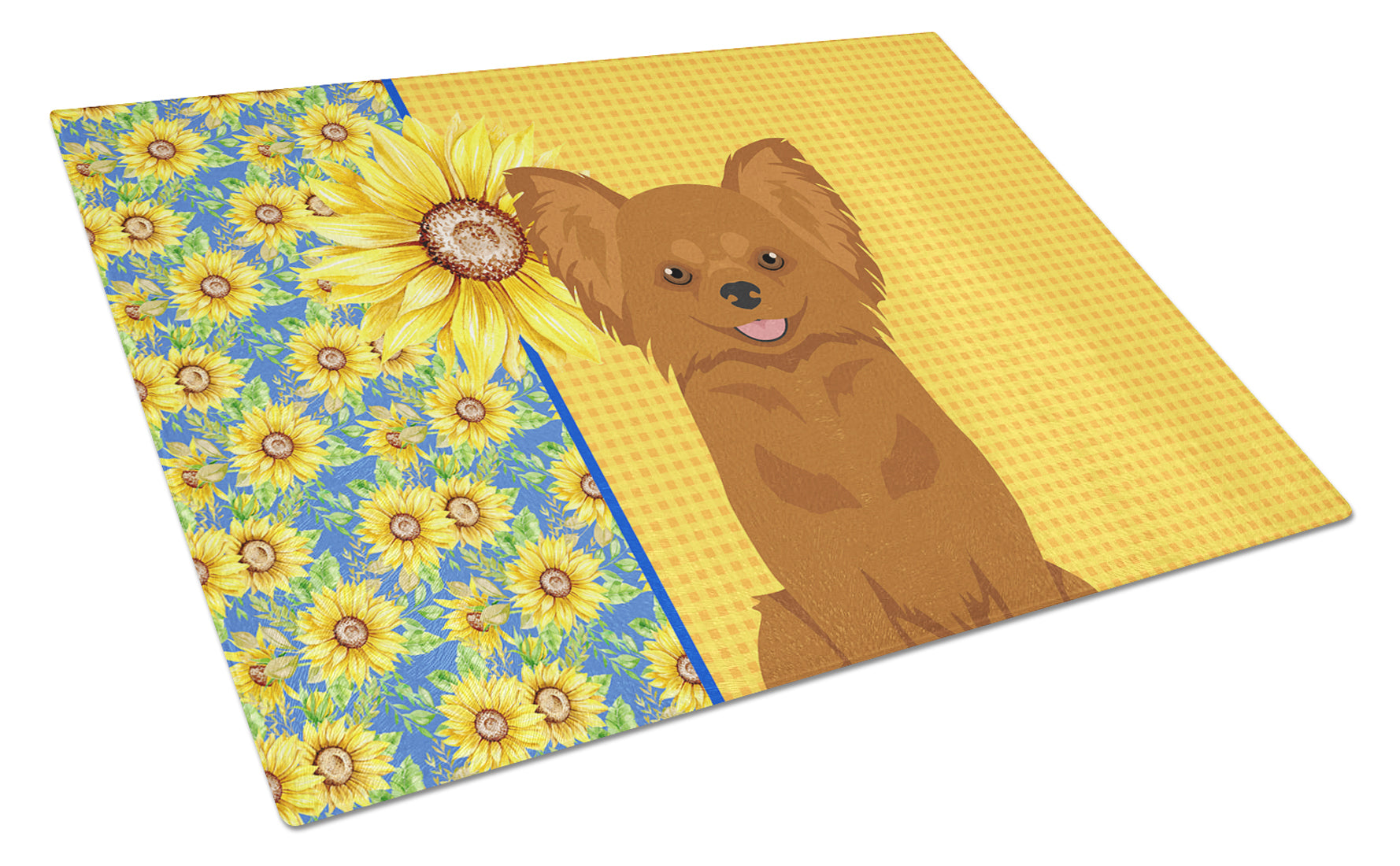 Buy this Summer Sunflowers Longhaired Red Chihuahua Glass Cutting Board Large